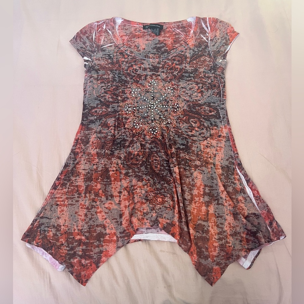 INC International Concepts Rhinestone Short Sleeve Asymmetrical Fairy Top